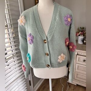 Anthropologie Luna Ivy Knit Puff 3D Crocheted Flower Cardigan size medium